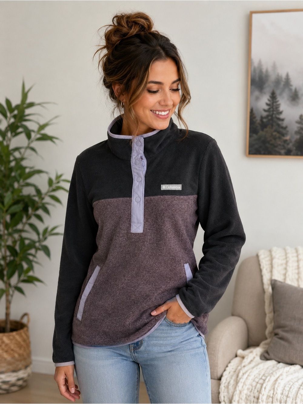 Columbia XS Fleece Snap Pullover Gray Purple Quarter Snap Jacket